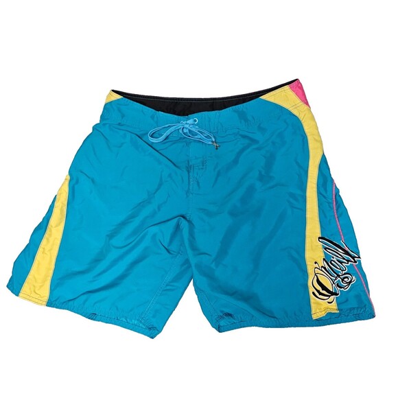 O'Neill Mens Board Shorts Swim Trunks Size 36 Turquoise Yellow Pink Drawstring - Picture 1 of 7